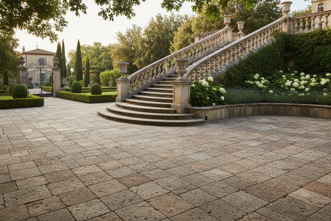 Pose de pierre en extérieur : terrasse, escalier et allée en Belgique